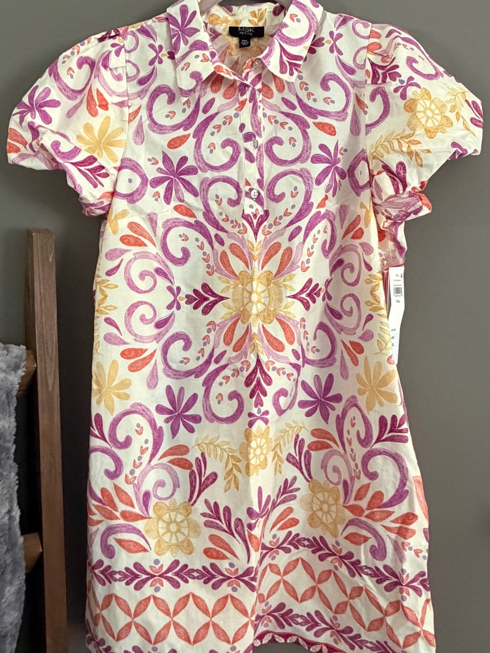 Women’s Multi-Color Button-Up Shirt Dress in Purple, Coral & Yellow PXL NWT